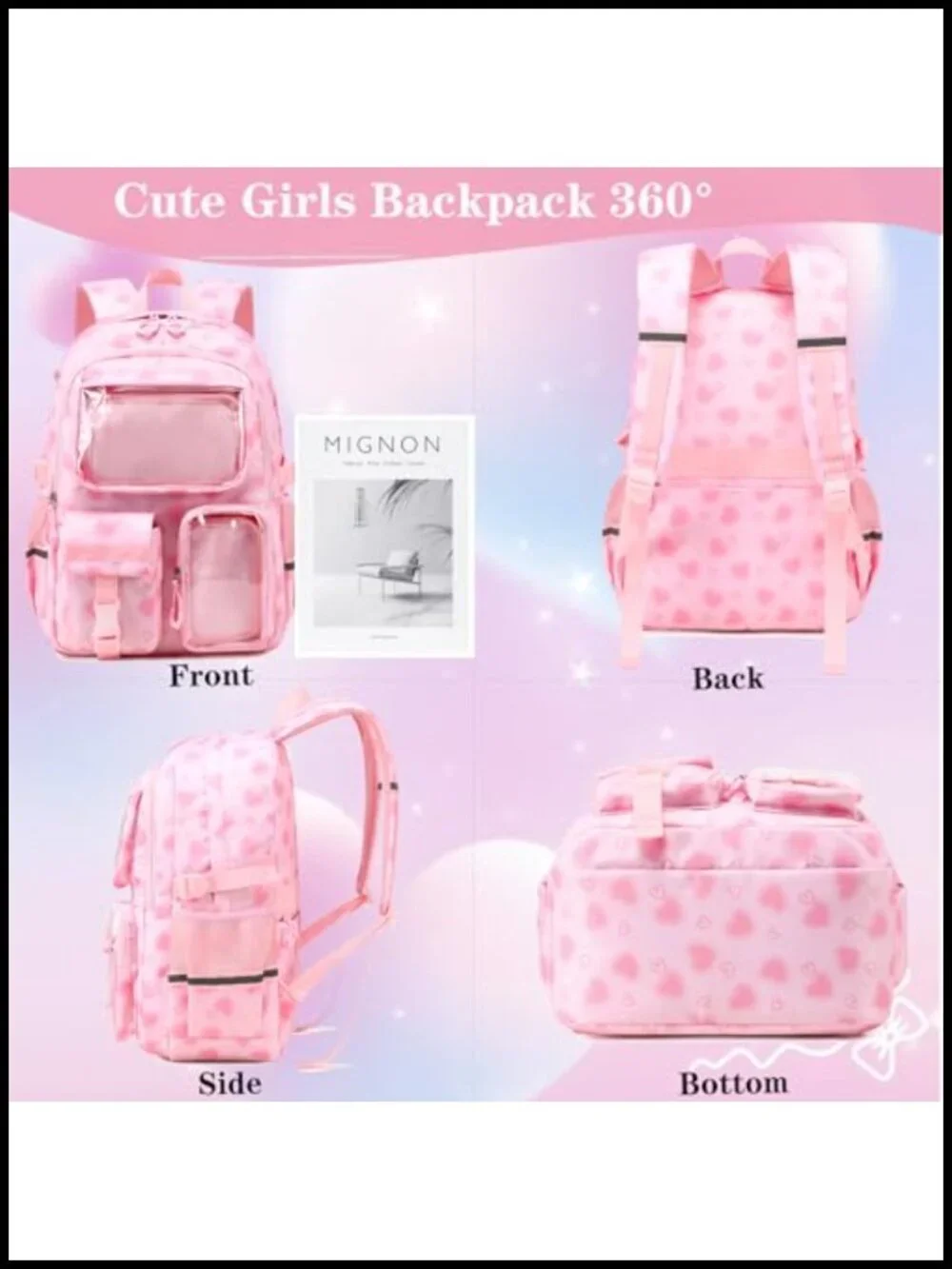 Cute Aesthetic Kawaii Backpack with Pin Display Window Kids School Bookbag